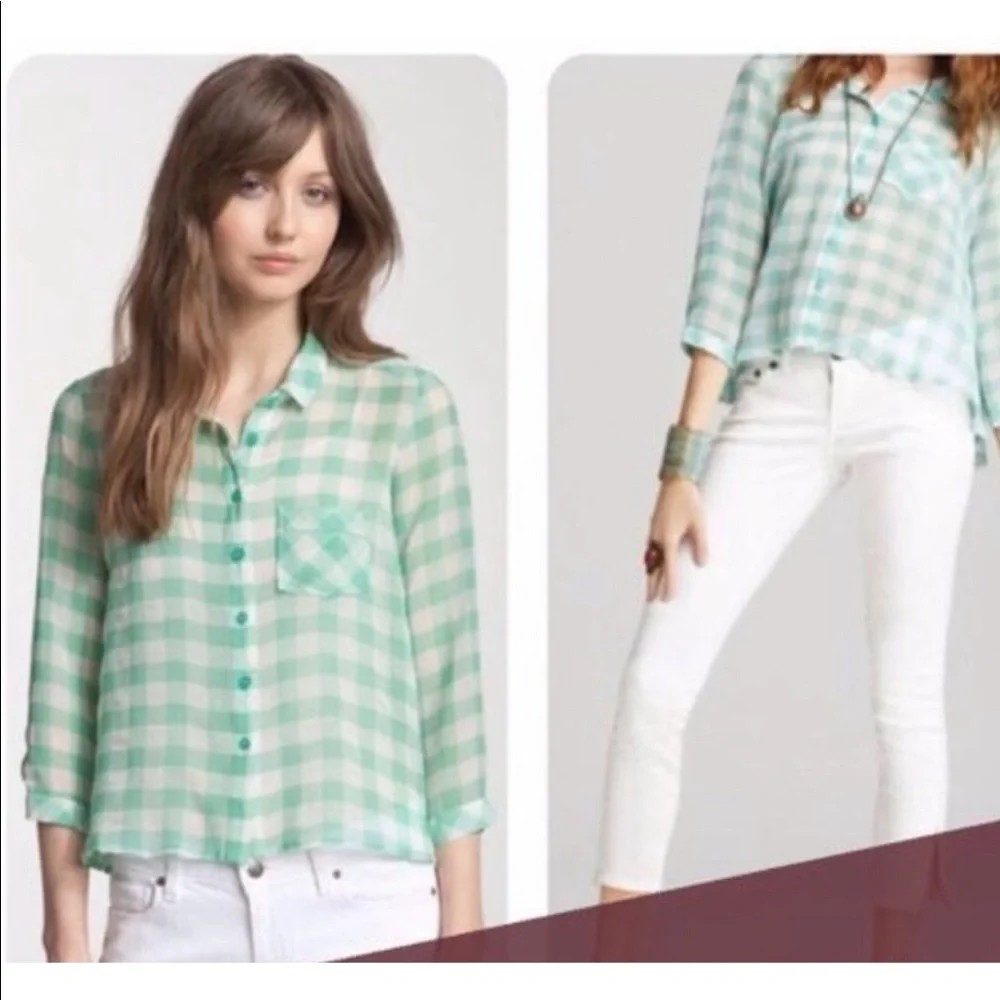 Free People green gingham sheer hi lo button up collared shirt